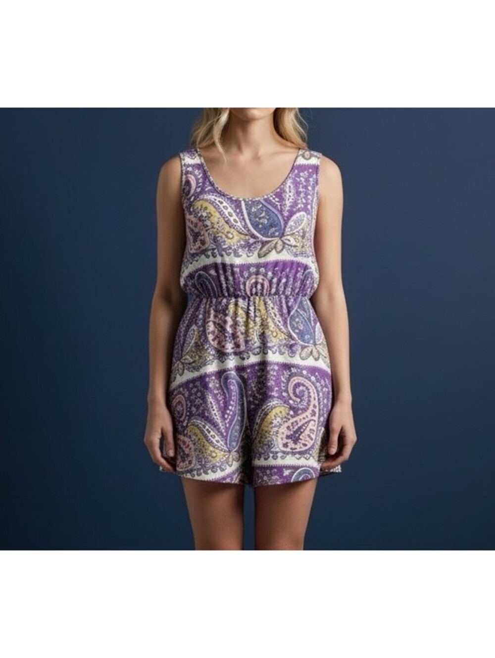 Free People Paisley Romper Playsuit Size 4 Purple Boho Sleeveless